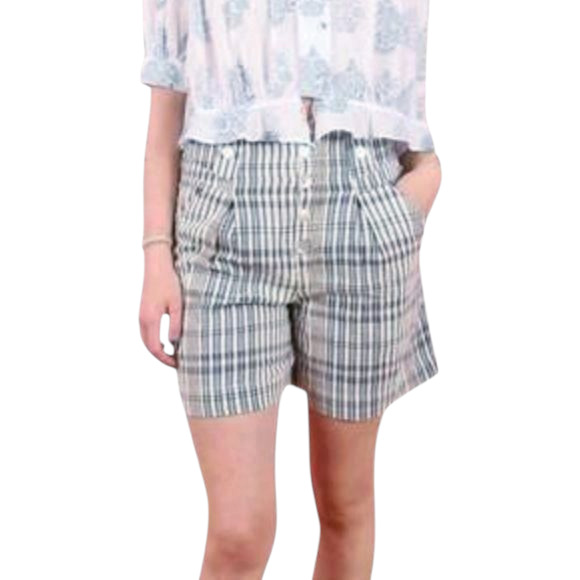 ALIX OF BOHEMIA Petra plaid cotton high waist button fly shorts blue cream Sz S - Picture 4 of 9